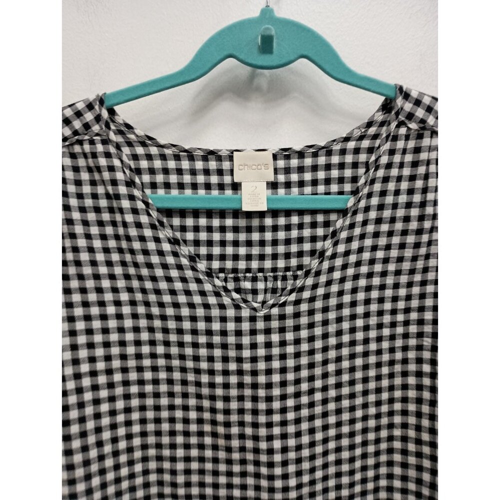Chicos‎ Womens BOHO Cottagecore Top Large Black White Gingham Bell Sleeve - Picture 2 of 6